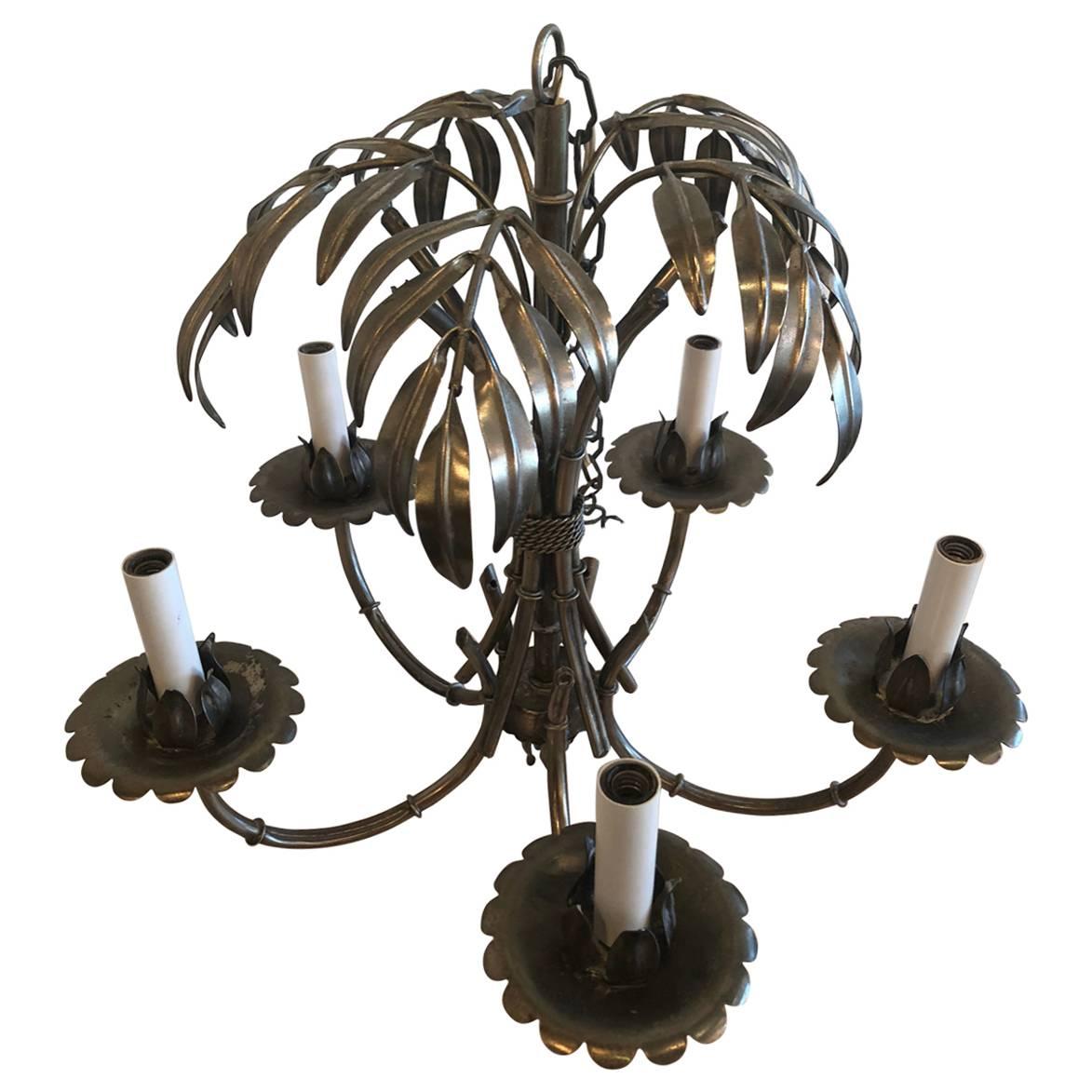 Vintage Palm Tree Leaf Frond Chandelier Silver Metal Faux Bamboo Palm Beach