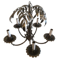 Vintage Palm Tree Leaf Frond Chandelier Silver Metal Faux Bamboo Palm Beach