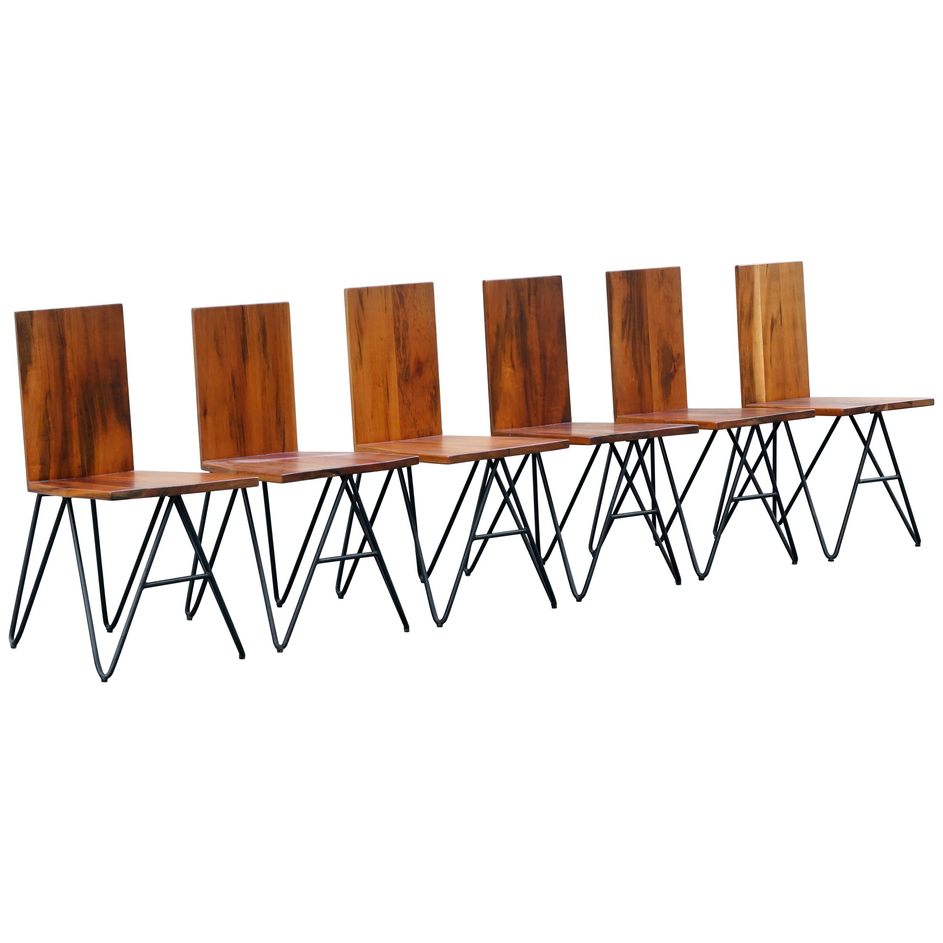 Set of Six Tiger Wood and Steel Modern Dining Chairs by Rehab Vintage Interiors For Sale