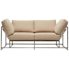 Tan Wool and Antique Nickel Two-Seat Sofa