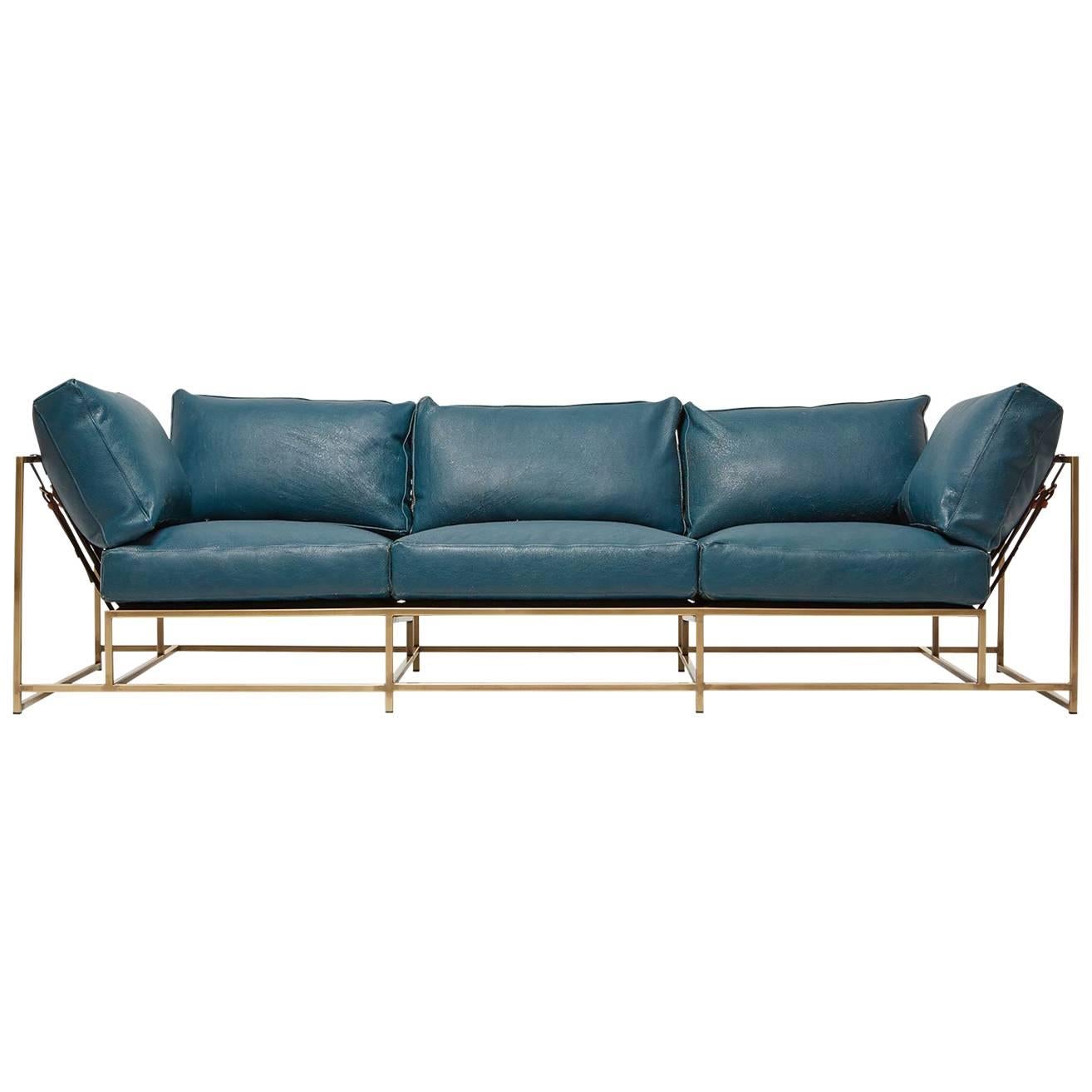 Teal Leather and Light Antique Brass Sofa For Sale