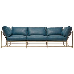 Teal Leather and Light Antique Brass Sofa