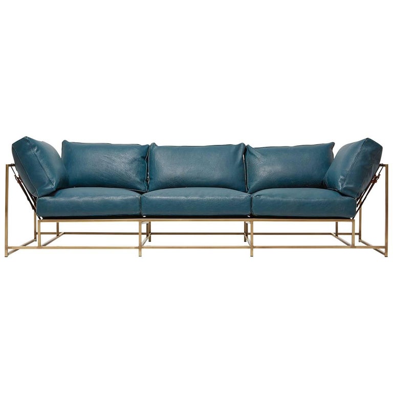 Teal Leather And Light Antique Brass, Teal Leather Reclining Loveseat