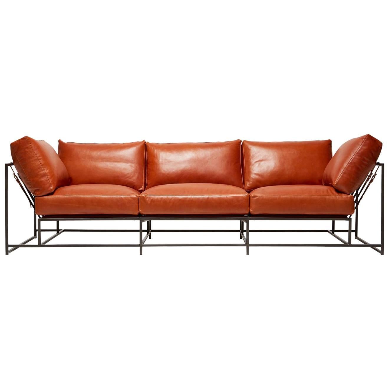 Encounter Cognac Leather and Blackened Steel Three-Piece Sofa For Sale