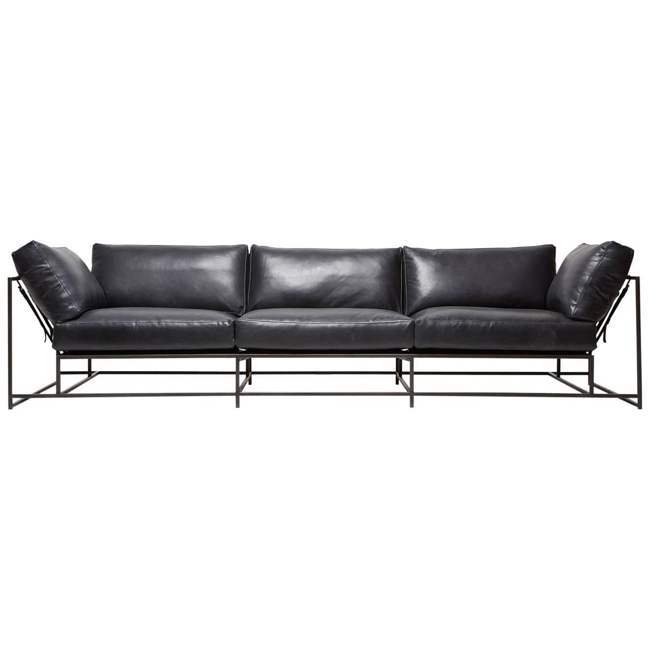 Blue Smoke Leather and Blackened Steel Three-Piece Sofa For Sale