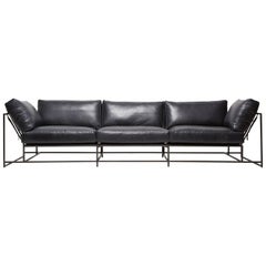 Blue Smoke Leather and Blackened Steel Three-Piece Sofa