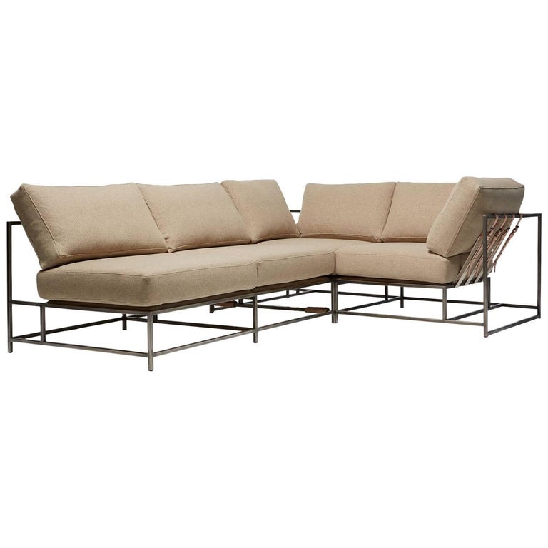 Tan Wool and Antique Nickel Small Sectional For Sale at 1stDibs