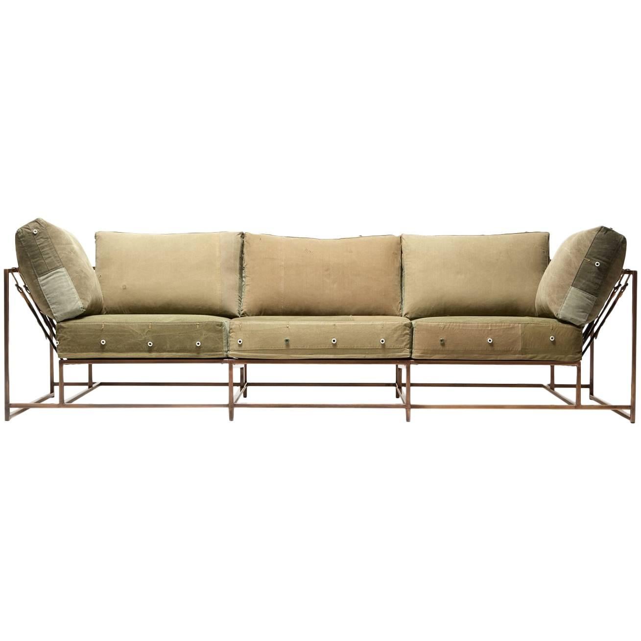 Vintage Military Canvas and Antique Copper Three-Piece Sofa