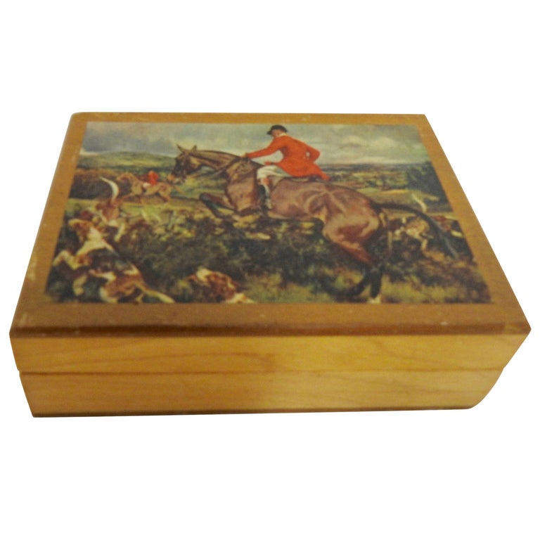 Vintage Decoupage Hunt Scene Handmade Wooden Box For Sale at 1stdibs
