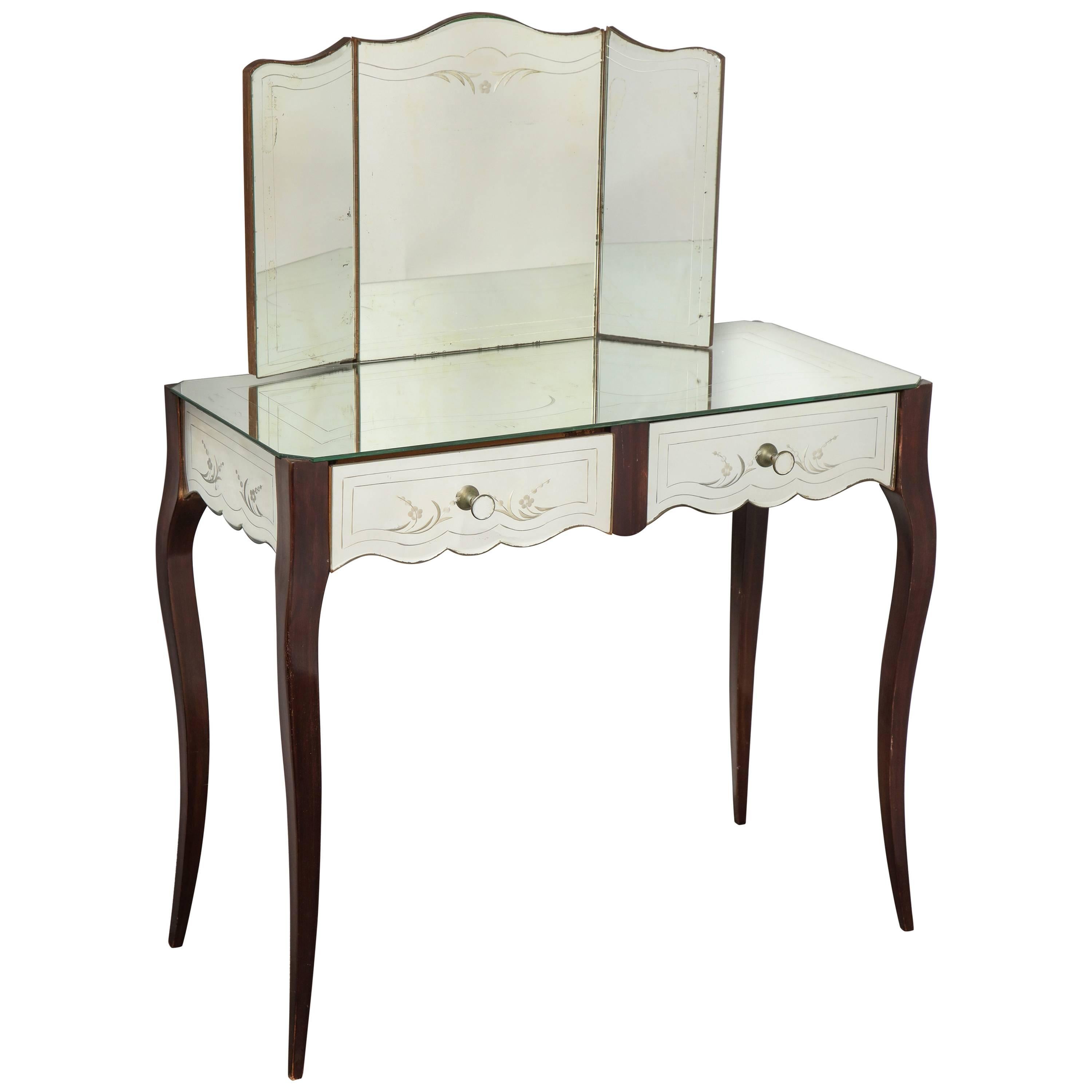 French Deco Mirrored Two-Drawer Vanity with Trifold Mirror