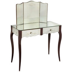 Vintage French Deco Mirrored Two-Drawer Vanity with Trifold Mirror