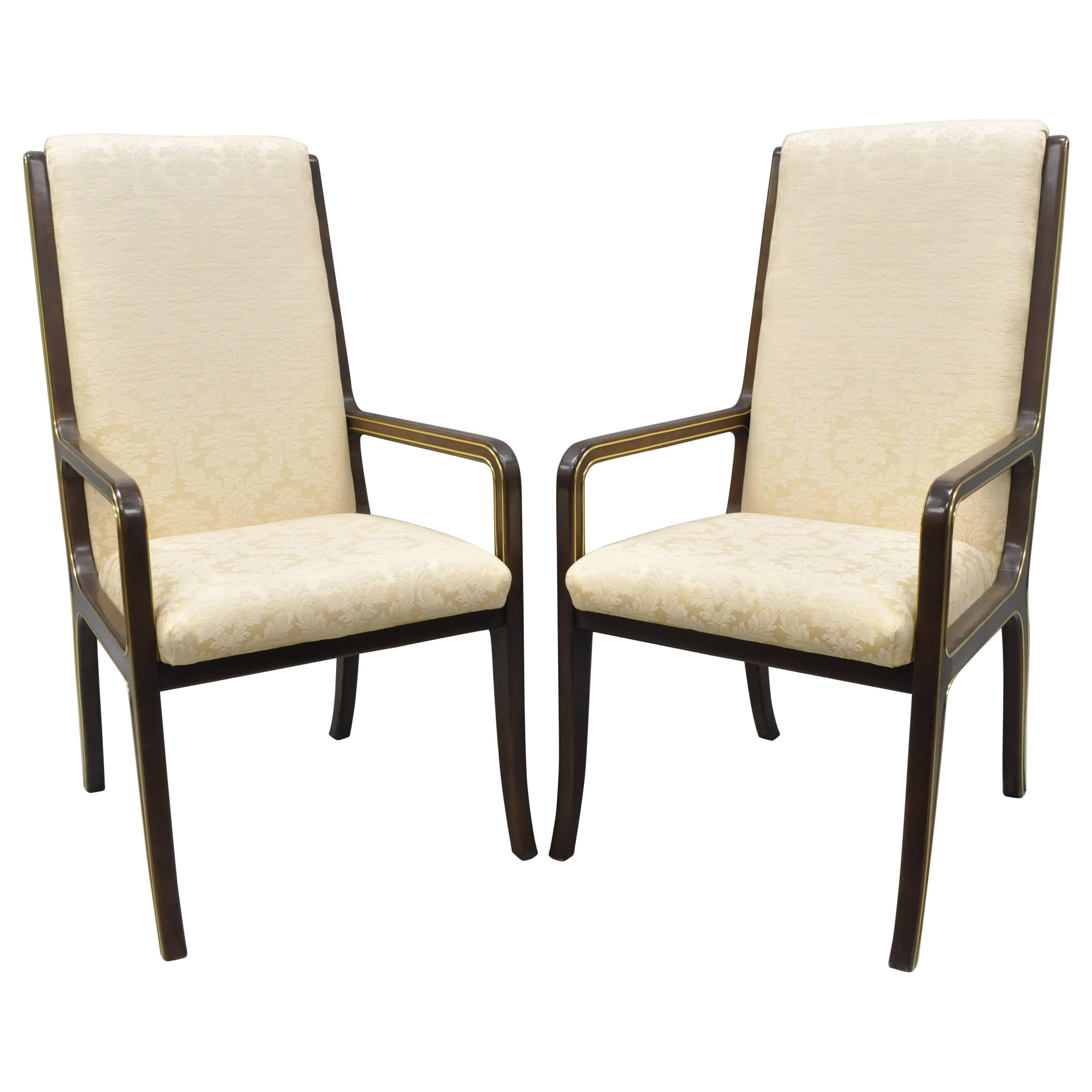 Mastercraft for Baker Brass Inlay Trim Dining Room Chairs Armchairs, Pair