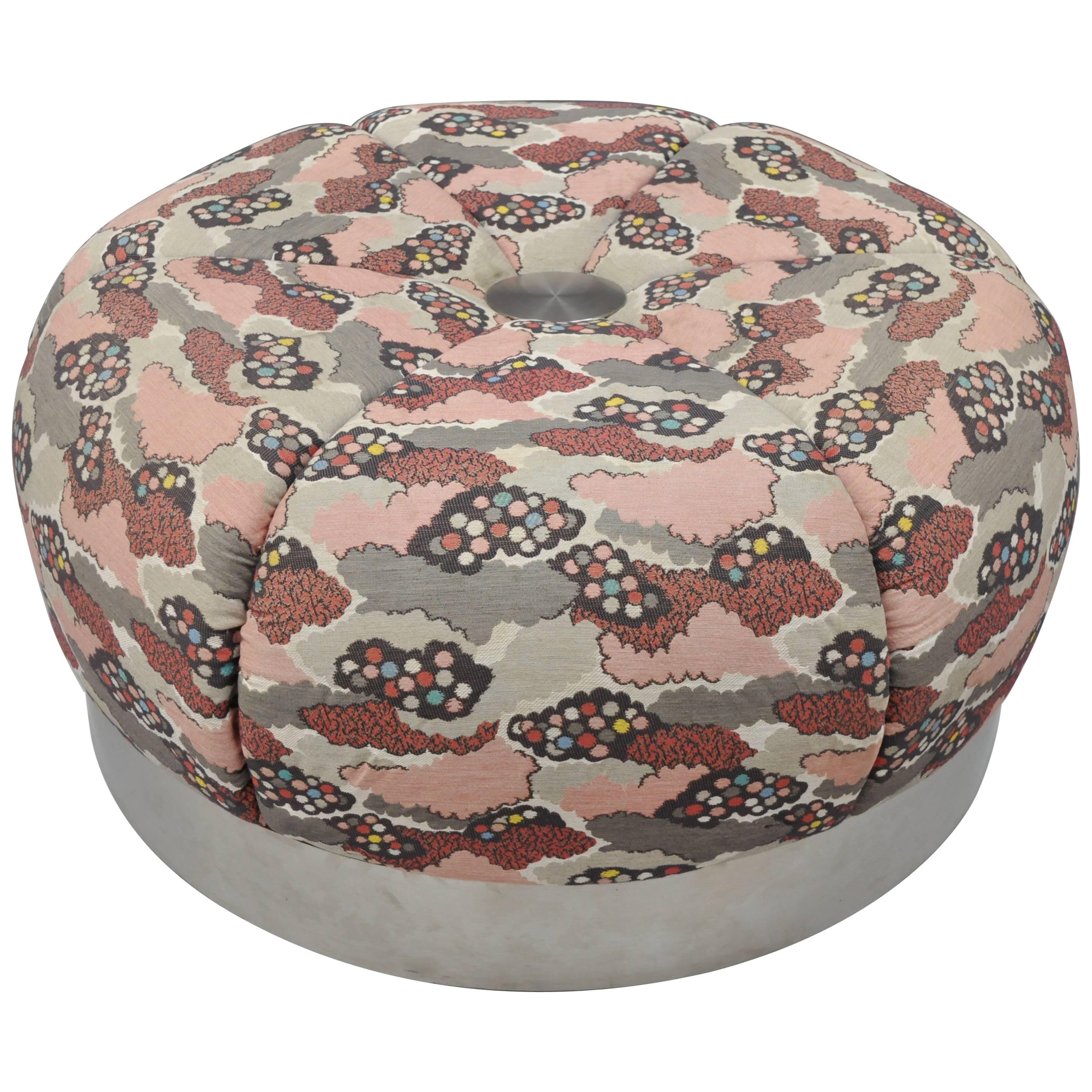 Large Mid Century Modern 36" Round Pink Tufted Chrome Base Souffle Pouf Ottoman