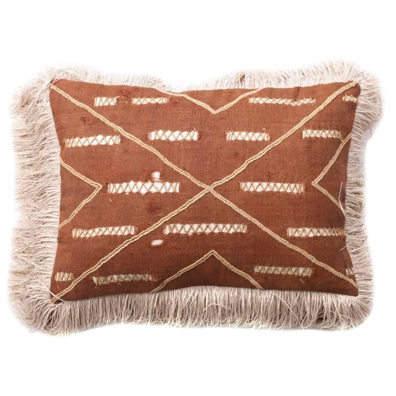 Antique Hand Sewn Kuba Cloth with Leather Pillow For Sale