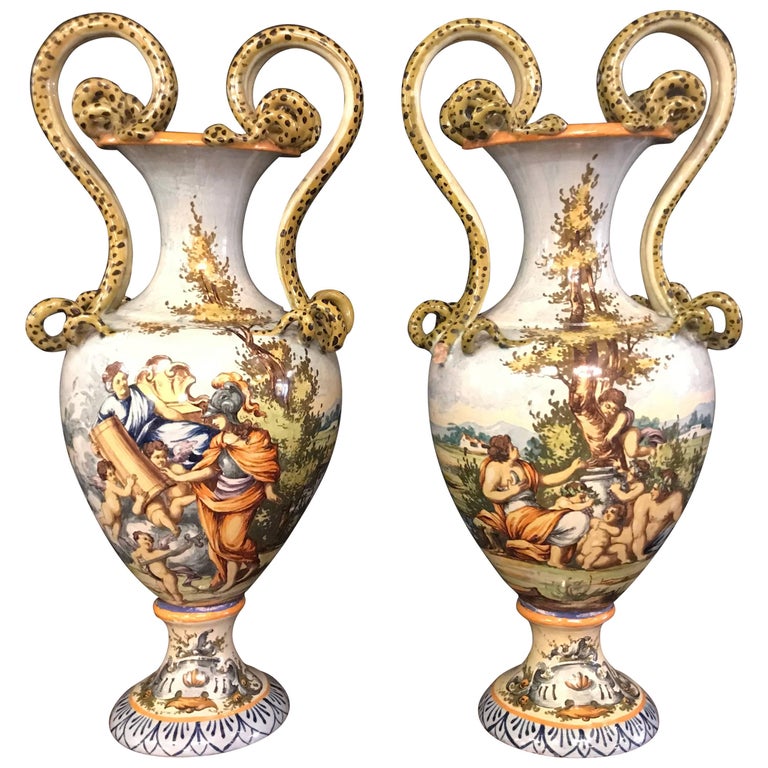 Pair of Italian Faience Porcelain Vases with Snake Handles For Sale at