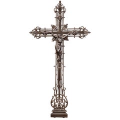19th Century French Polished and Patinated Iron Garden Cross with Christ