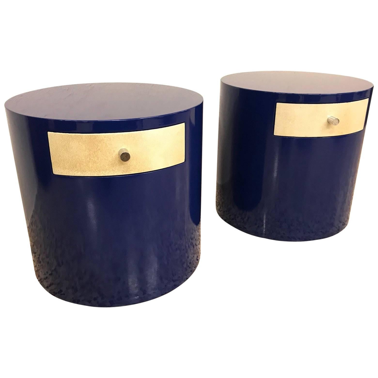 Pair of Mid-Century Modern Blue and Parchment Nightstands, 1970s