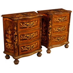 Italian Bedside Tables in Wood with Three Drawers with Floral Decorations, Pair