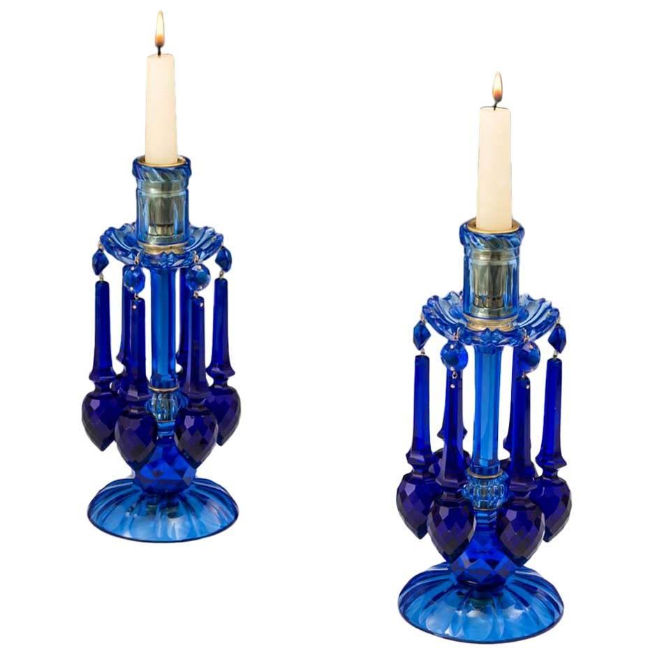 Rare Pair of Blue Cut-Glass Candlesticks by F&C Osler