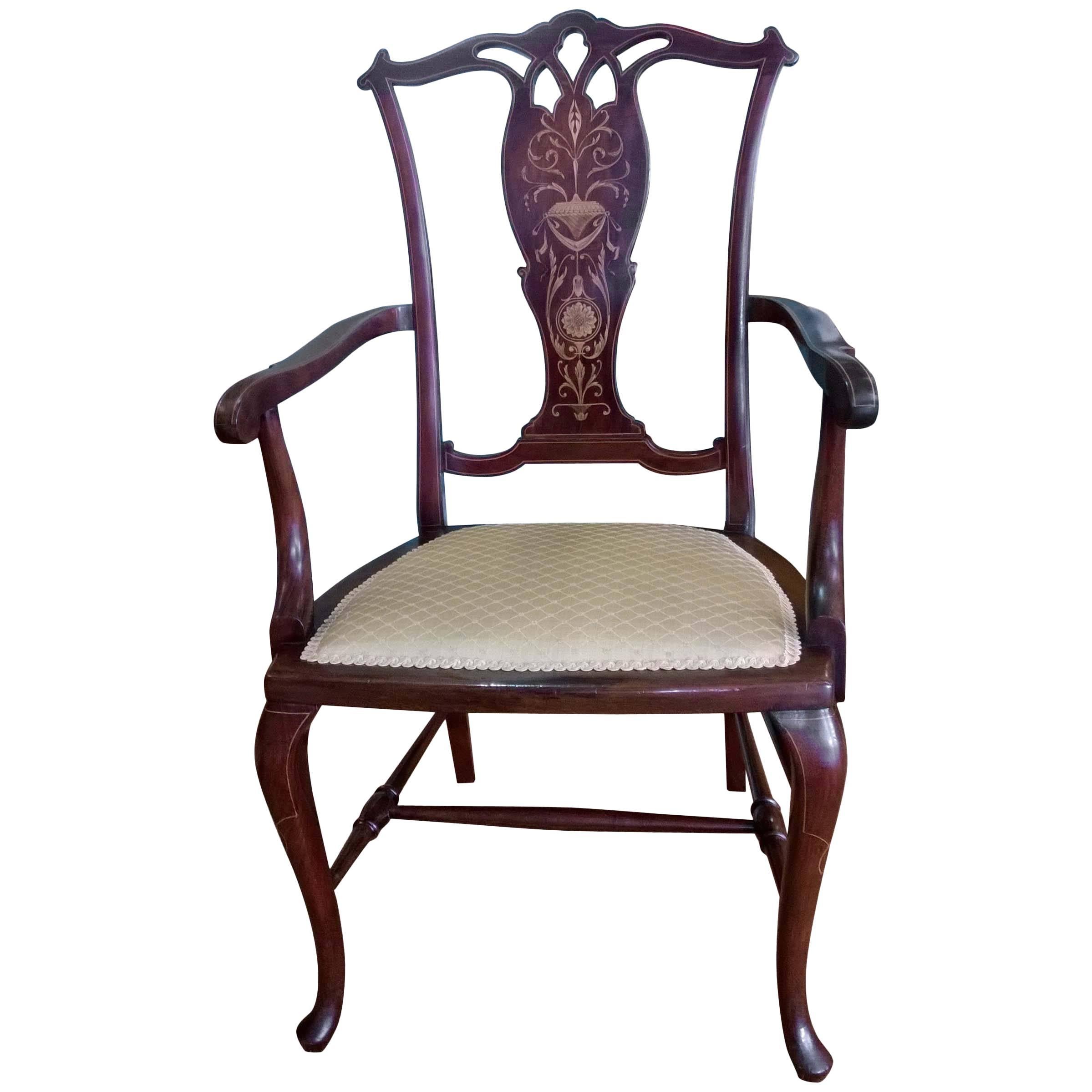 Edwardian Mahogany and Satinwood Inlaid Armchair For Sale