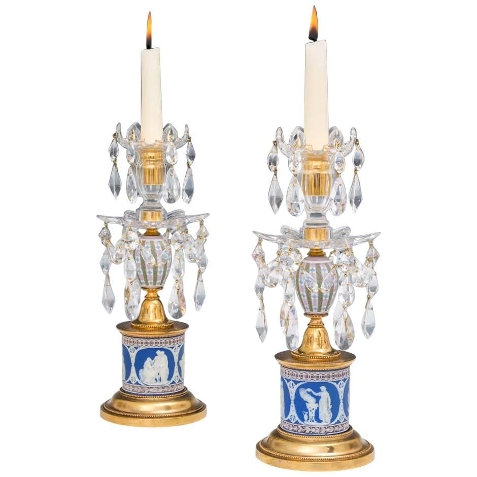 Rare Pair of Georgian Two-Color Wedgwood Candlesticks For Sale