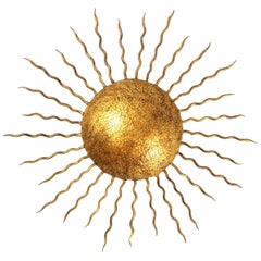 Large Hand-Hammered Gilt Iron Sunburst Flush Mount or Wall Light, Spain 1950s