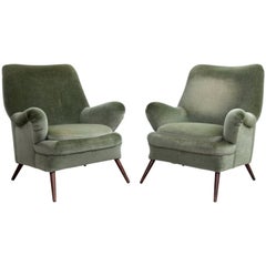 Pair of Large Sculptural 1950s Lounge Chair in Green Mohair Fabric
