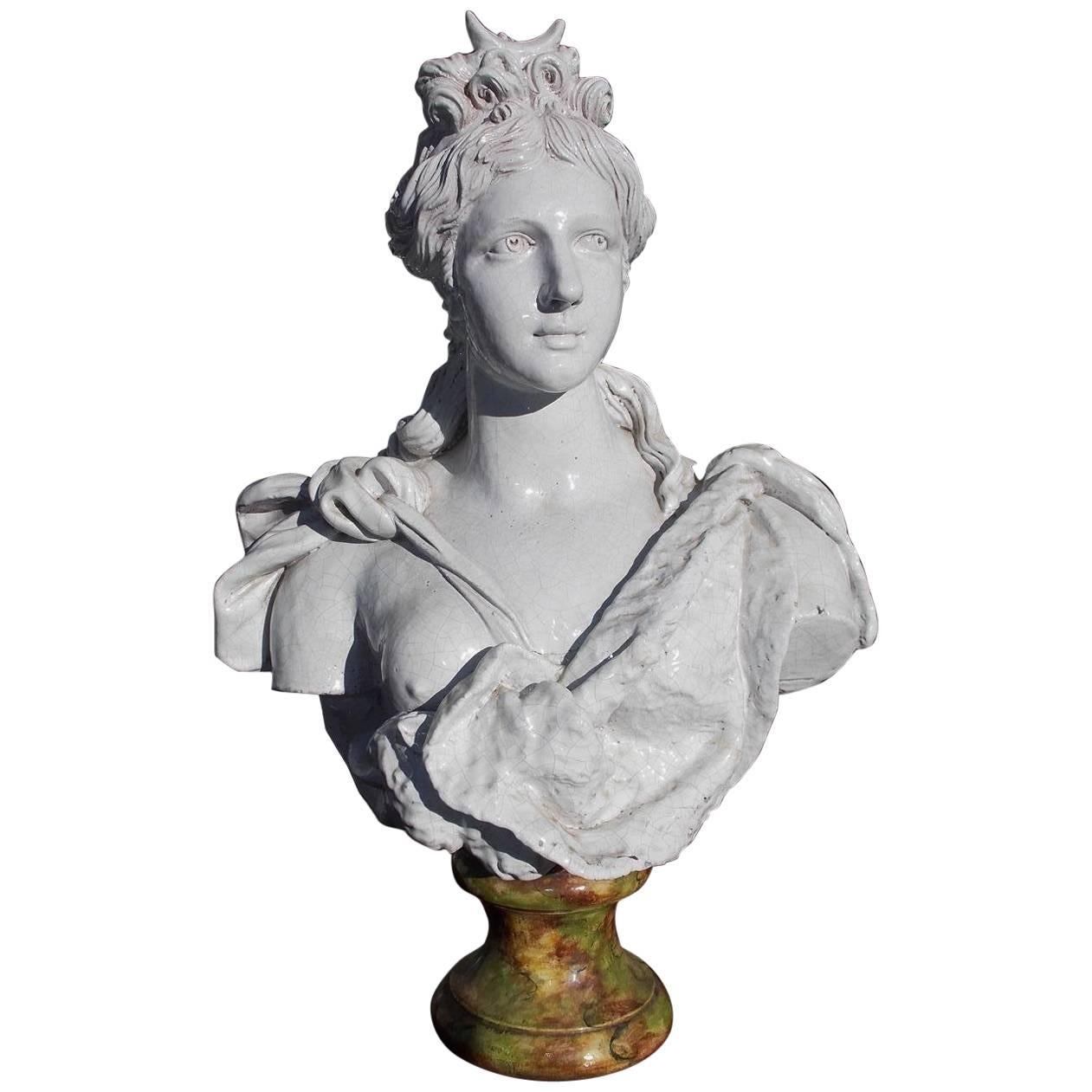 Italian Glazed Terracotta Figural Bust of Diana, Goddess of the Moon, Circa 1850 For Sale