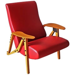 Vintage Carlo Mollino Red Leather, Ash Wood Italian Zanotta Armchair with Recling Back
