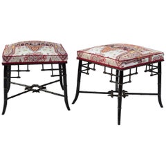 Antique Pair of Black Lacquered Bambou Style Stools, Napoleon III Period