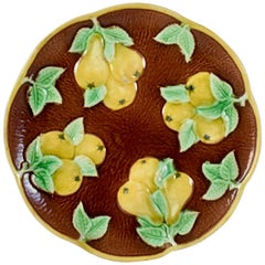 19th Century, English Majolica Rustic Yellow Pears on Bark Plate