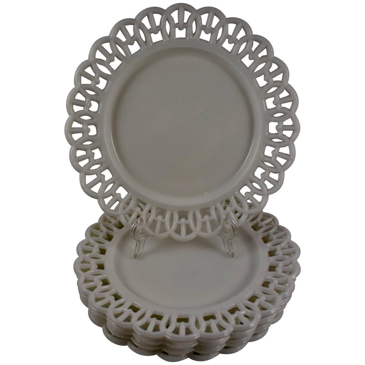 19th Century EAPG Lace Edge American Milk Glass 8" Plates, Set of Five