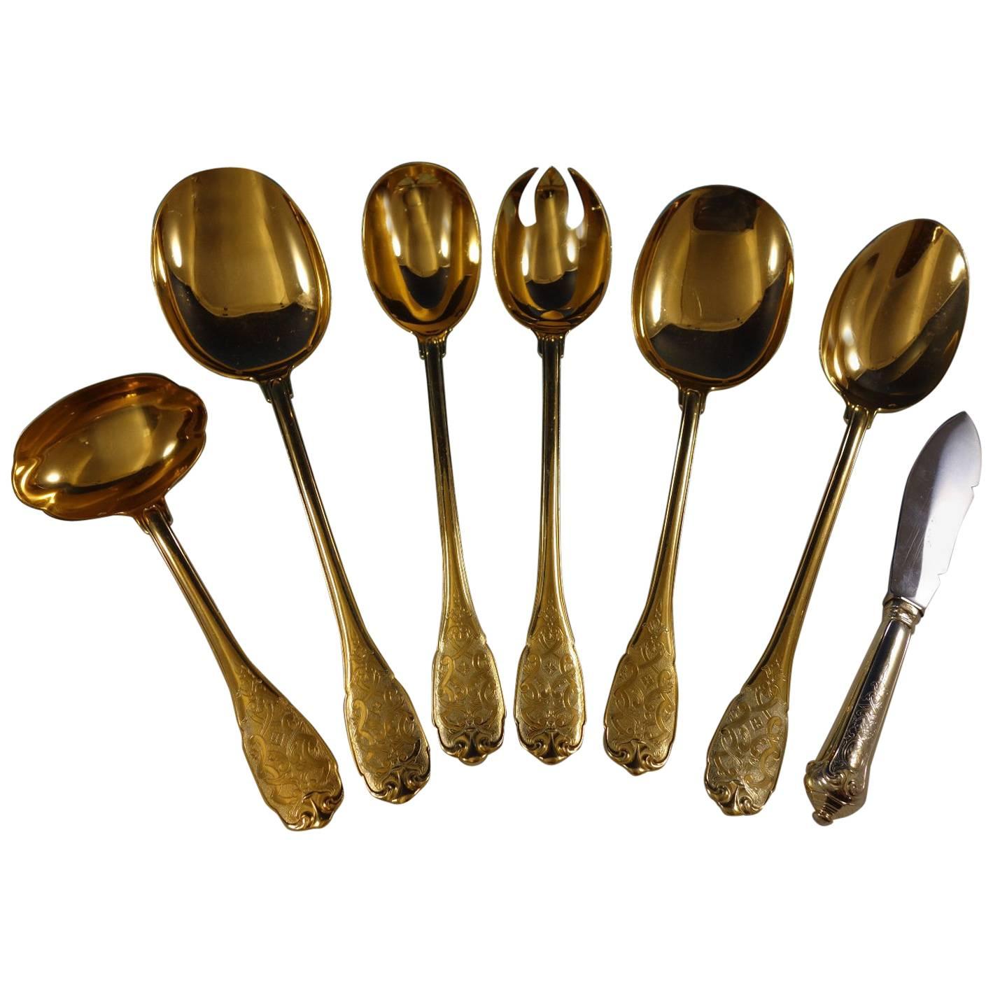 Elysee by Puiforcat French Sterling Silver Vermeil Gold Serving Set Seven Pieces