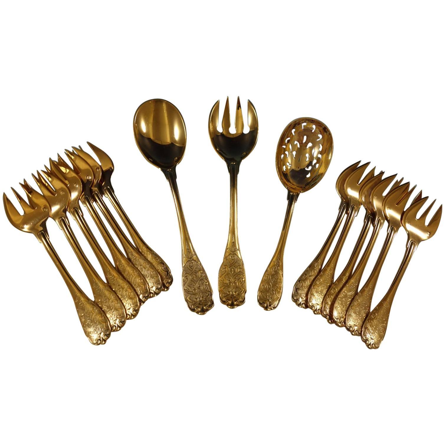 Elysee by Puiforcat French Sterling Silver Vermeil Gold Hors D'oeuvres Set 15 Pc