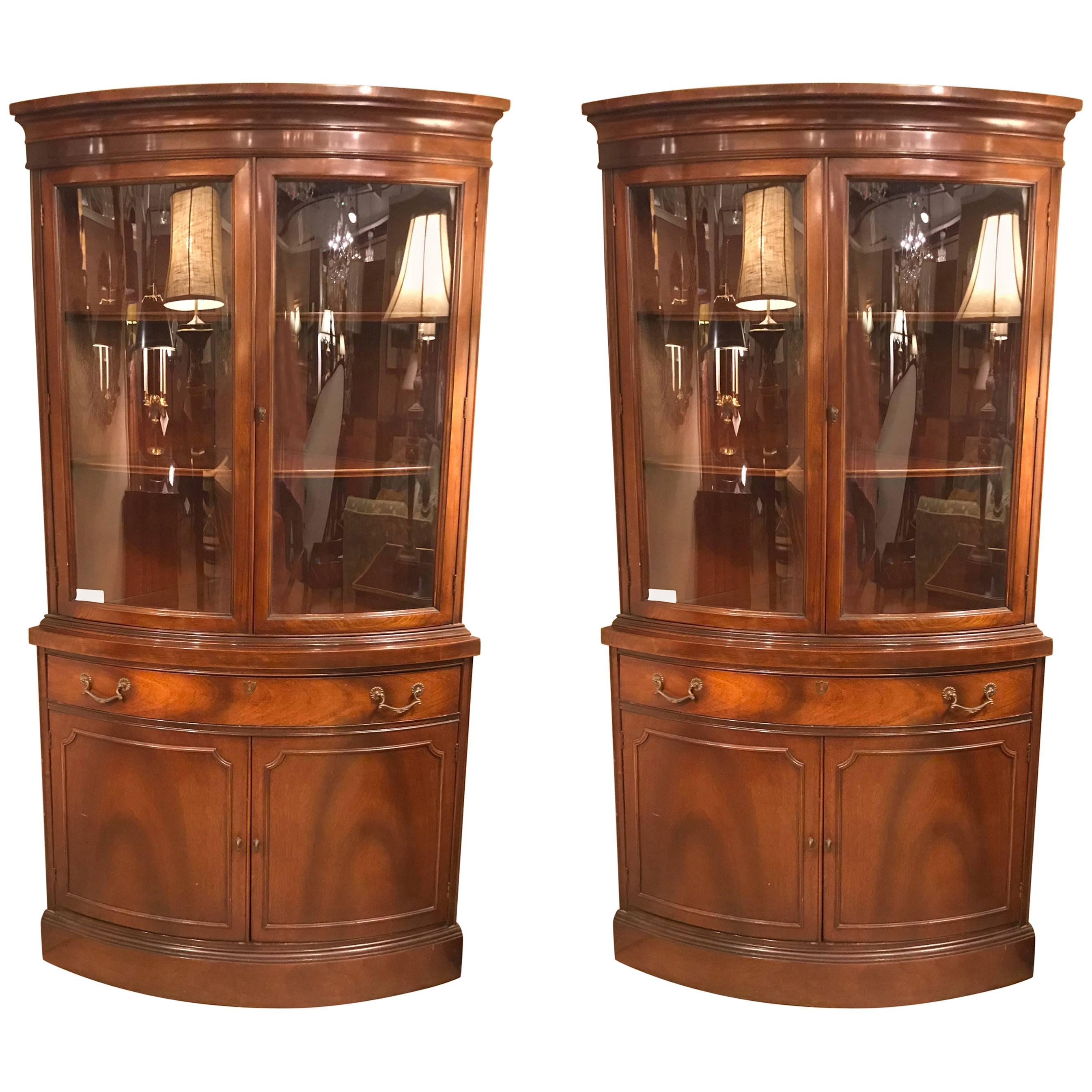 Pair of Georgian Style Mahogany Two-Door Bow Front Corner Cabinets