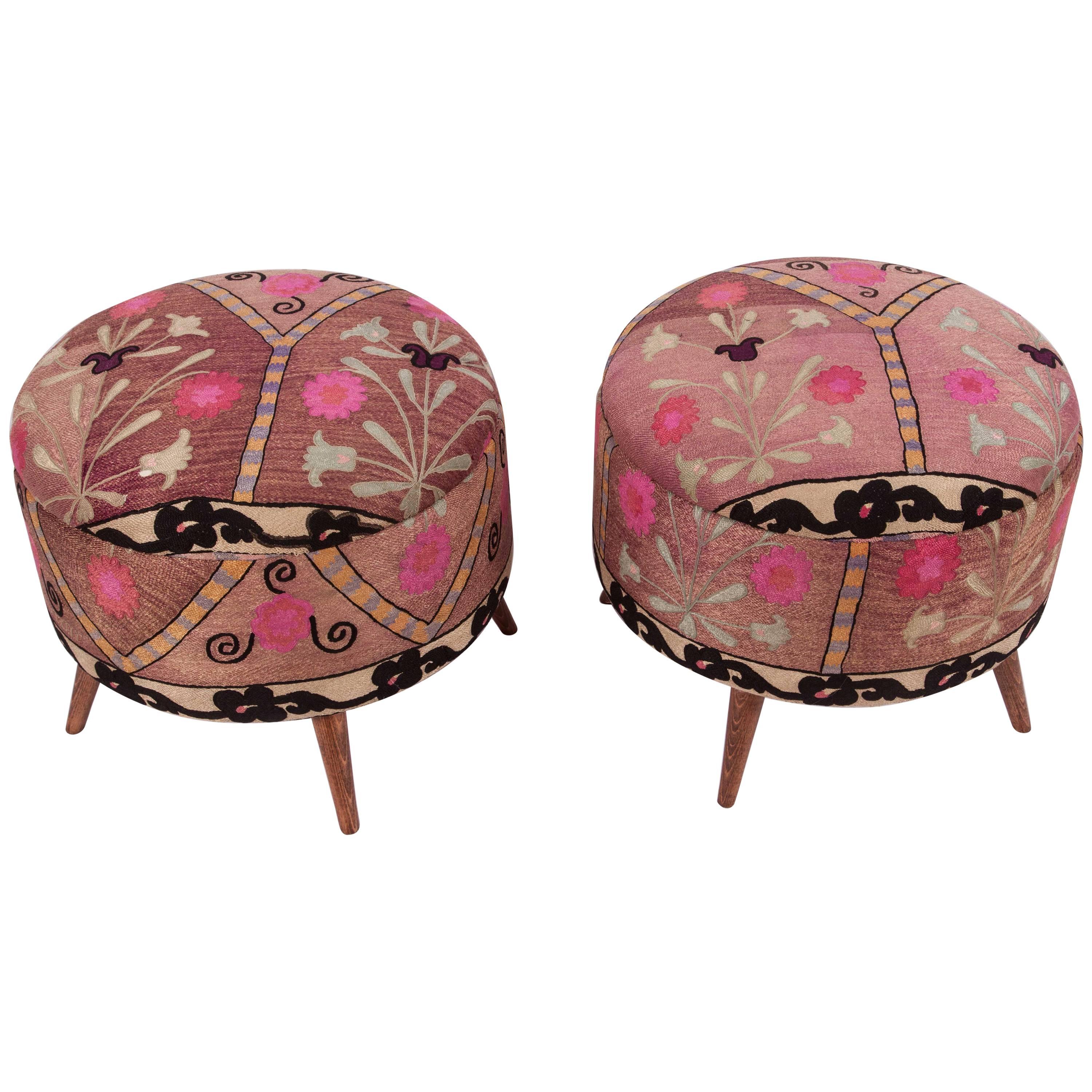 Ottoman or Poufs Fashioned from a Mid-20th Century Tashkent Silk Suzani