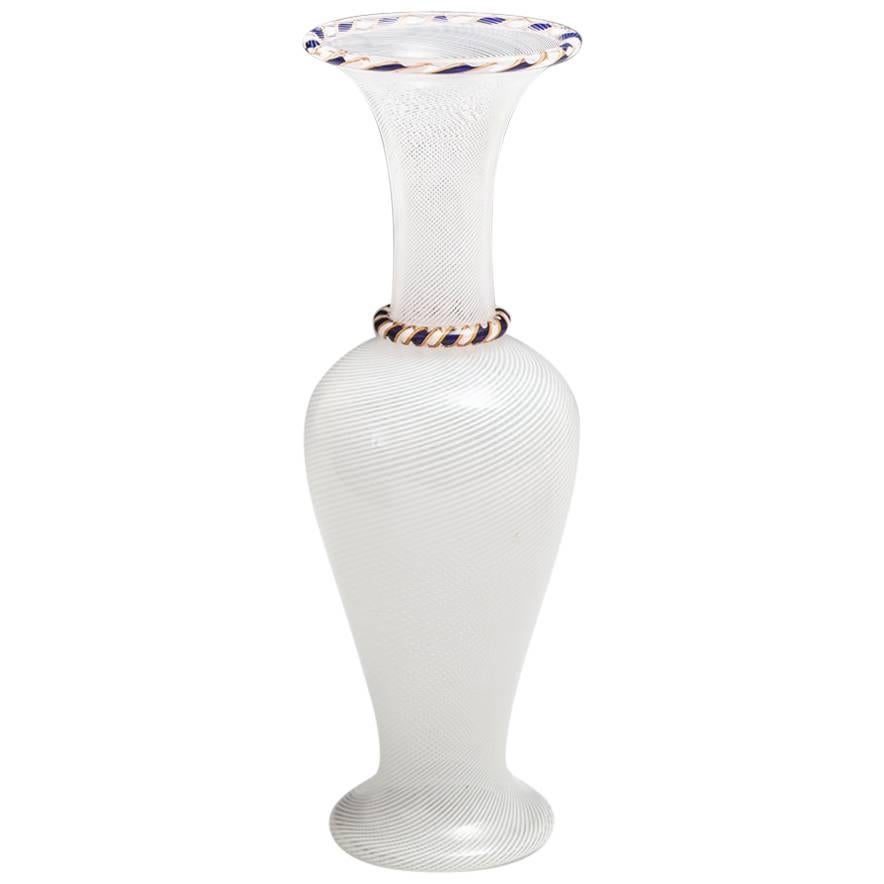 Fine White Spiral Vase by Saint Louis Unusually with Blue and Yellow Rim