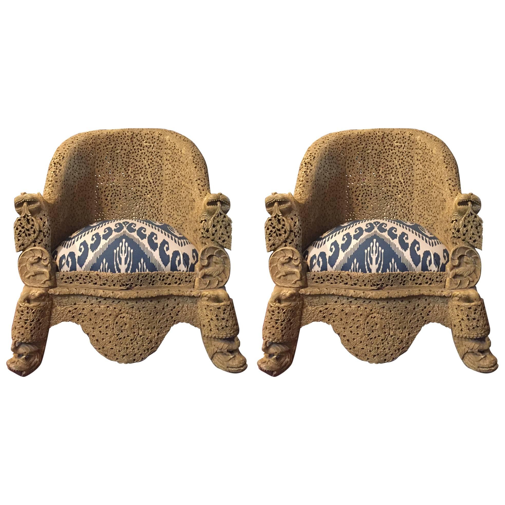 Pair of 19th Century Indian Carved Raj Chairs with Lion, Tiger, Flower Motif