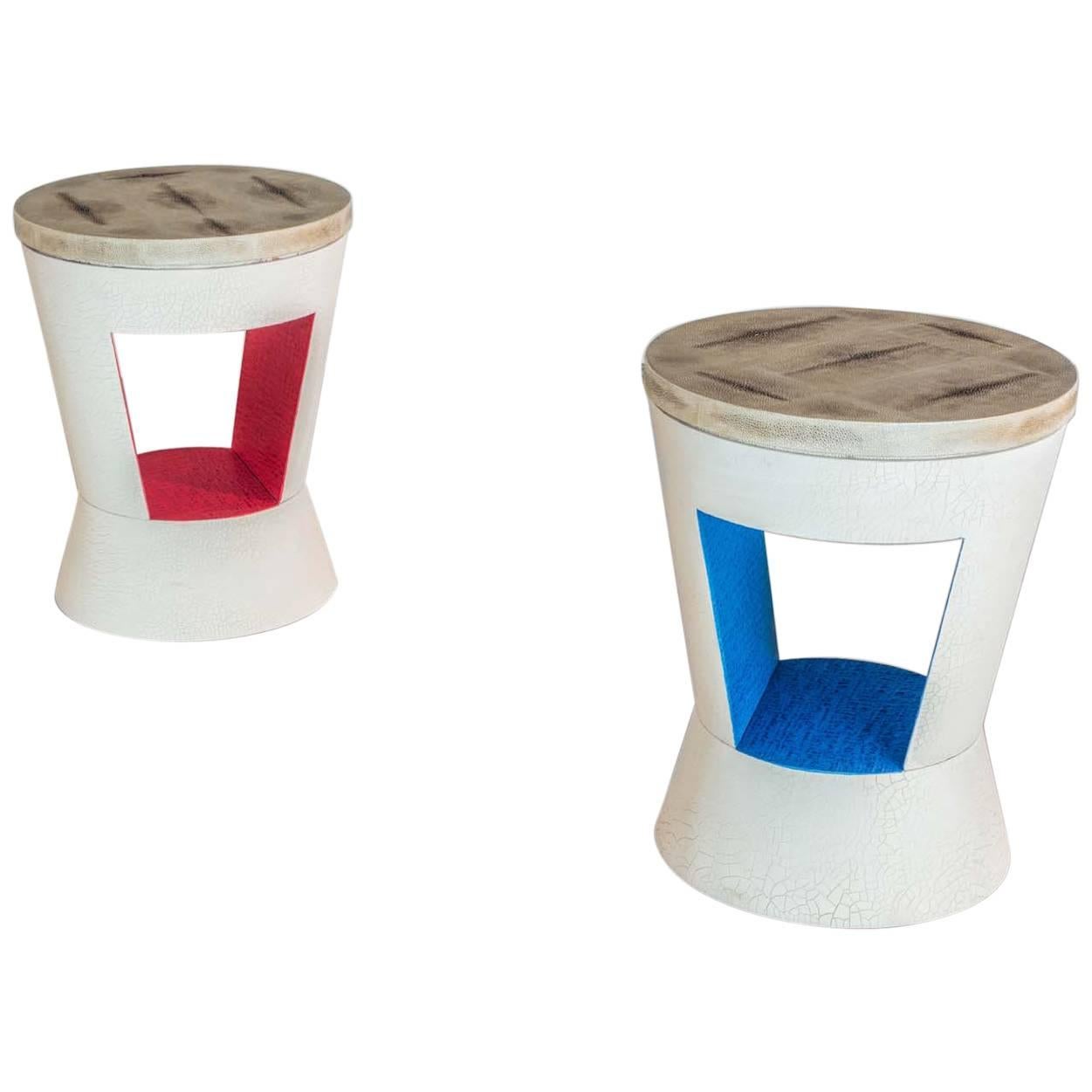 Set of Two Side Tables in Red, Blue and White For Sale