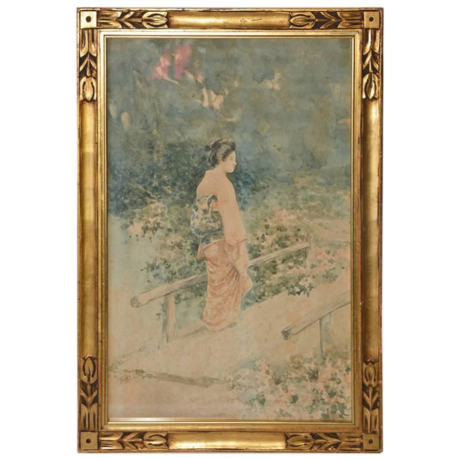 Vintage Japanese Watercolor in Gilt Frame