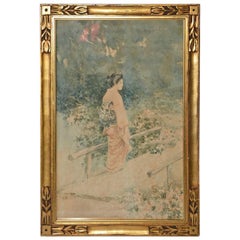 Antique Japanese Watercolor in Gilt Frame
