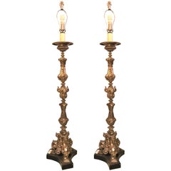 Antique Pair of Tall Standing Silver Plated Candle-Prick Lamps