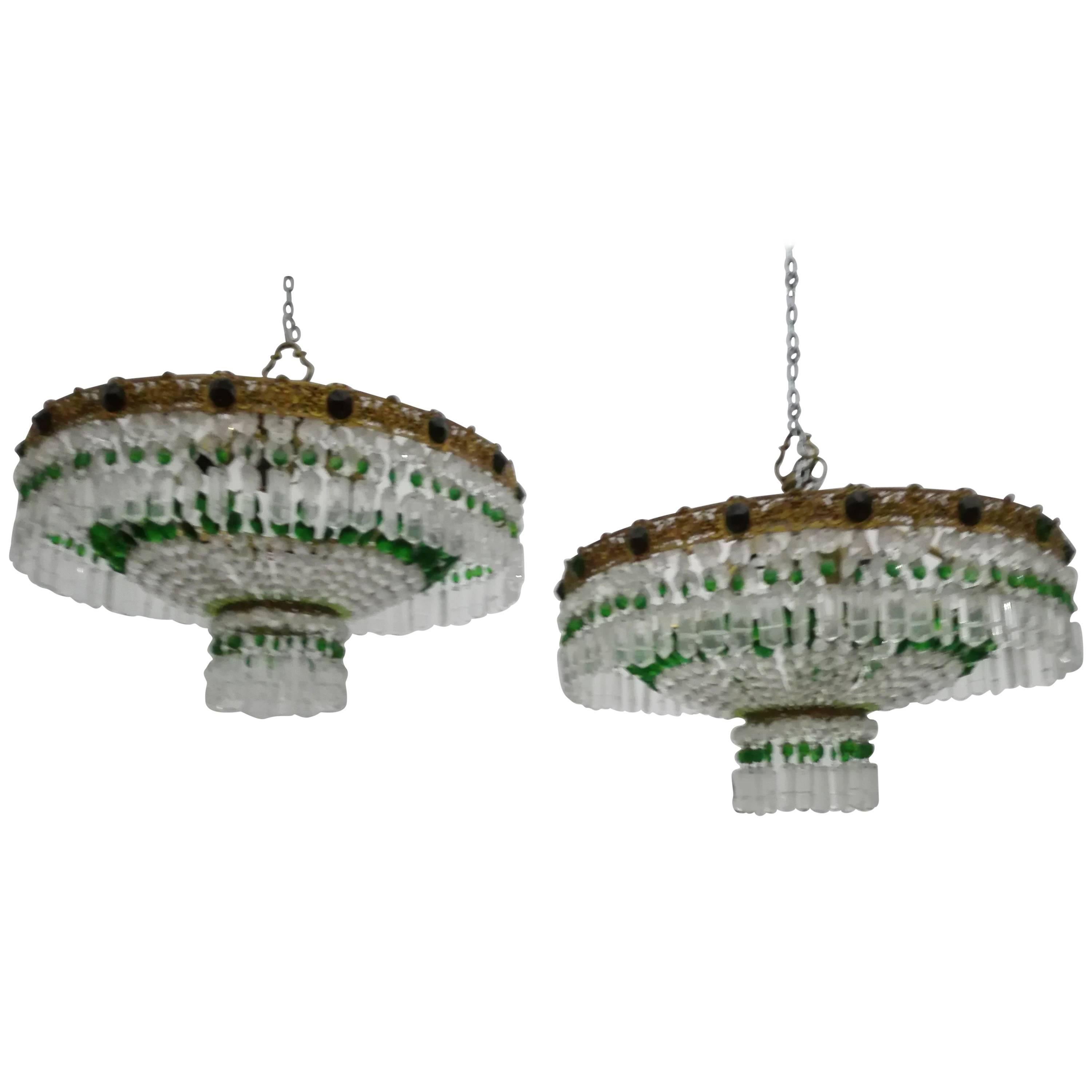 Pair of Ceiling Lights with Crystals, Italy, 1960s