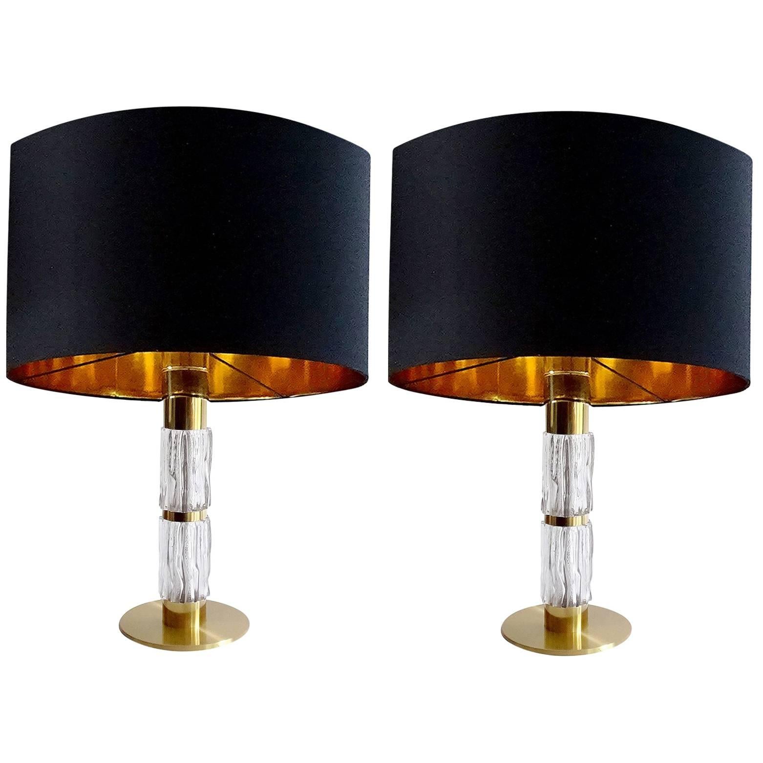 Mid Century Pair Modern Kaiser Glass Table Lamps, Gold Brass Black, 60s For Sale
