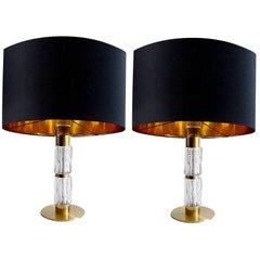 Mid Century Pair Modern Kaiser Glass Table Lamps, Gold Brass Black, 60s
