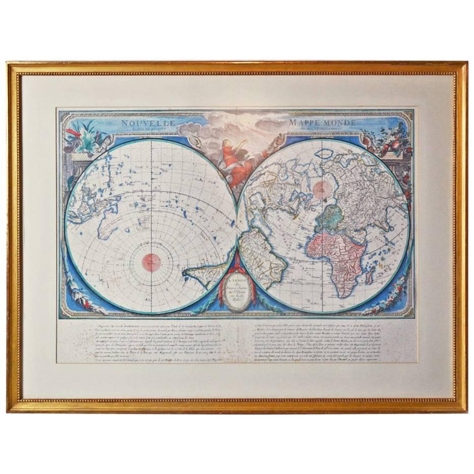 Framed 18th Century Copy of French World Map by Francois Santini