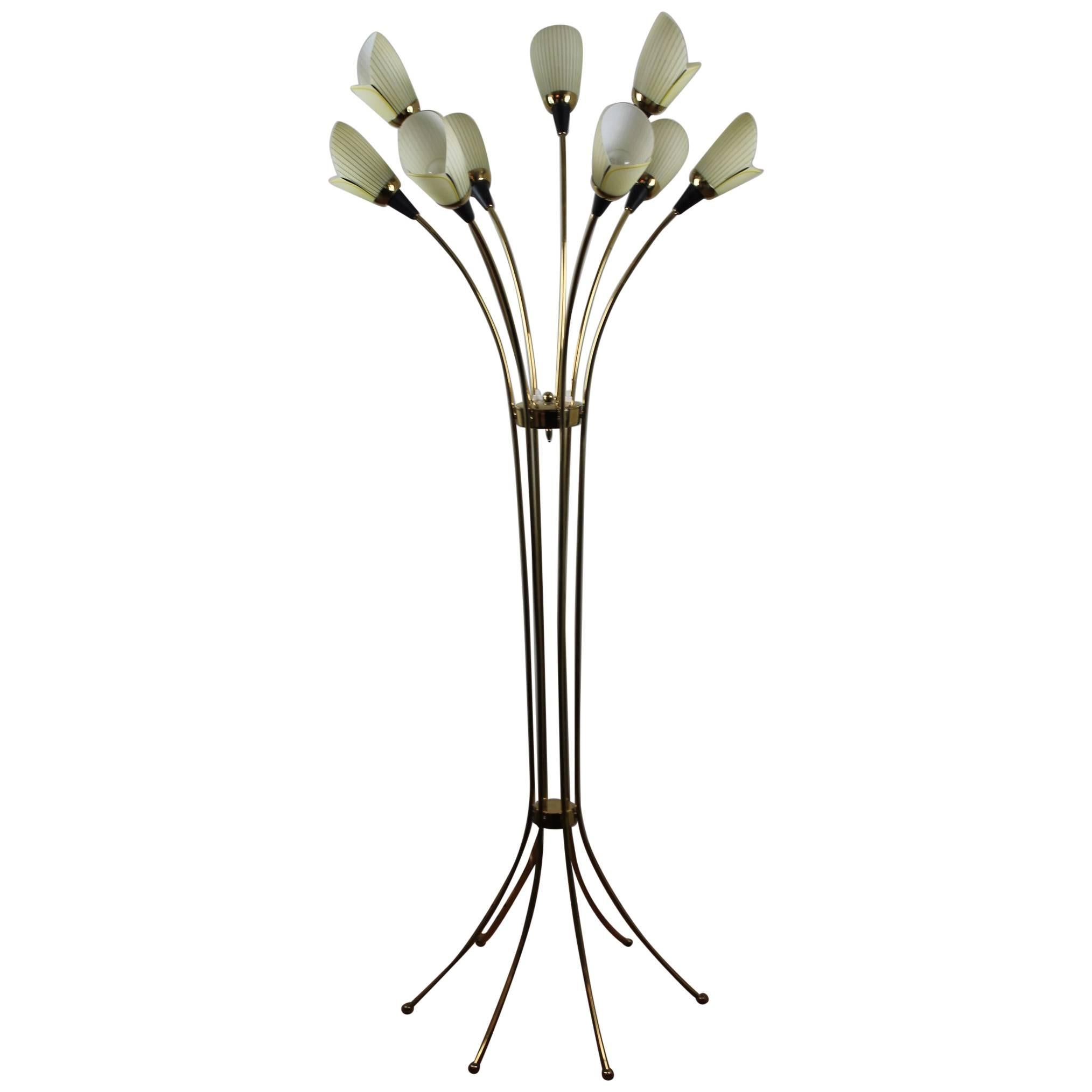 1960s Brass Floor Lamp with Nine Opaline Glass Tulip Flowers by Massive Belgium