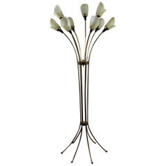 1960s Brass Floor Lamp with Nine Opaline Glass Tulip Flowers by Massive Belgium