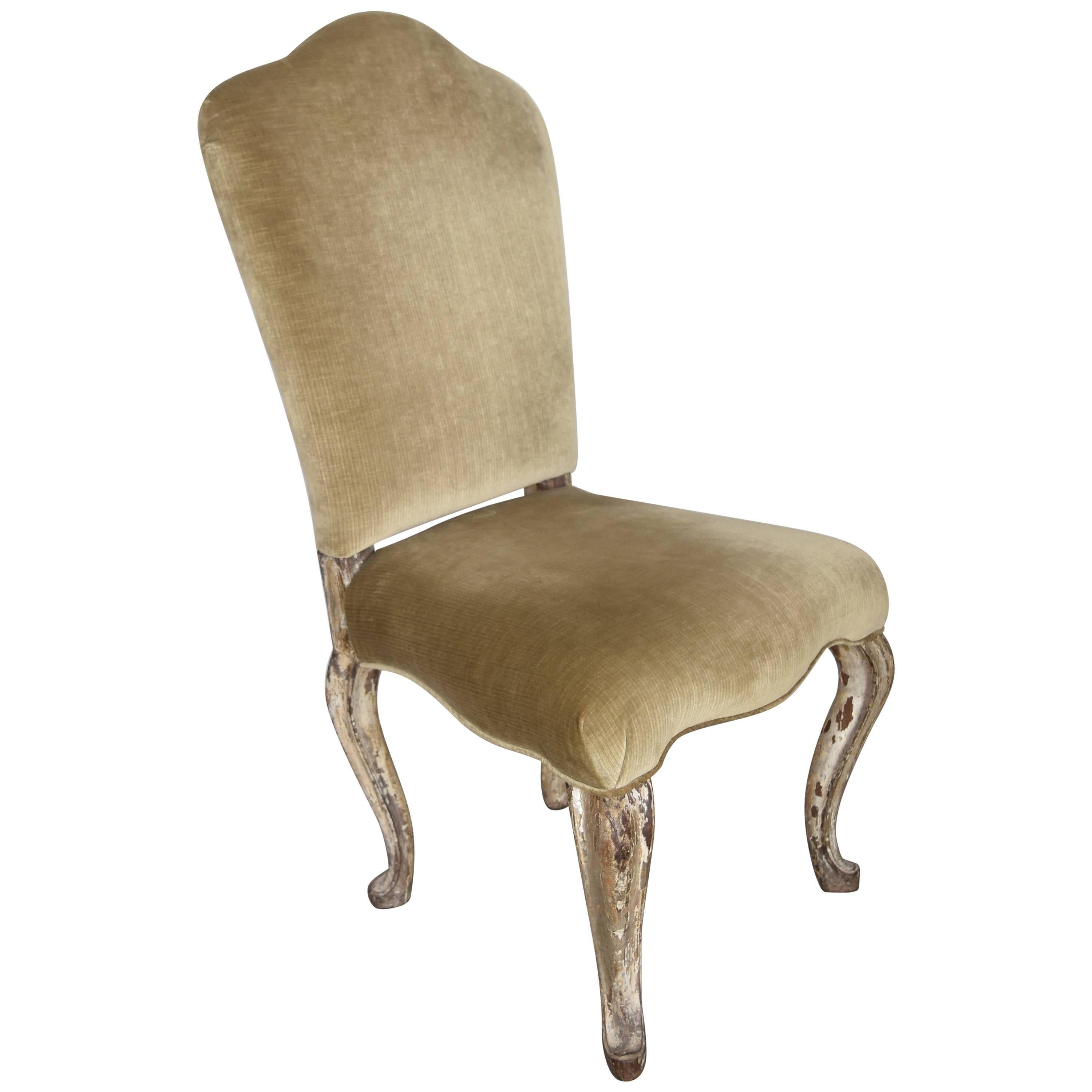 18th Century Italian Silver Leaf Dining Chair with Velvet Upholstery For Sale