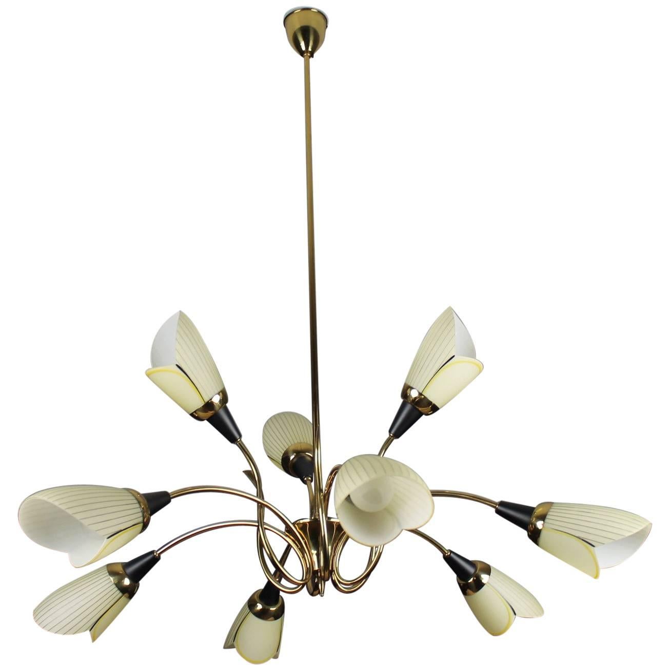 Brass Chandelier with Opaline Glass Tulip Shades by Lustrerie Massive, 1960s